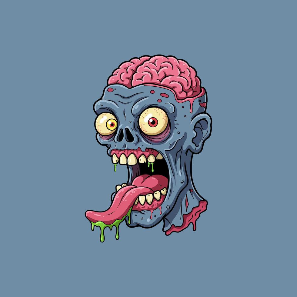 A cartoon illustration depicts a zombie head with its brain exposed, tongue hanging out, and green slime dripping. vector