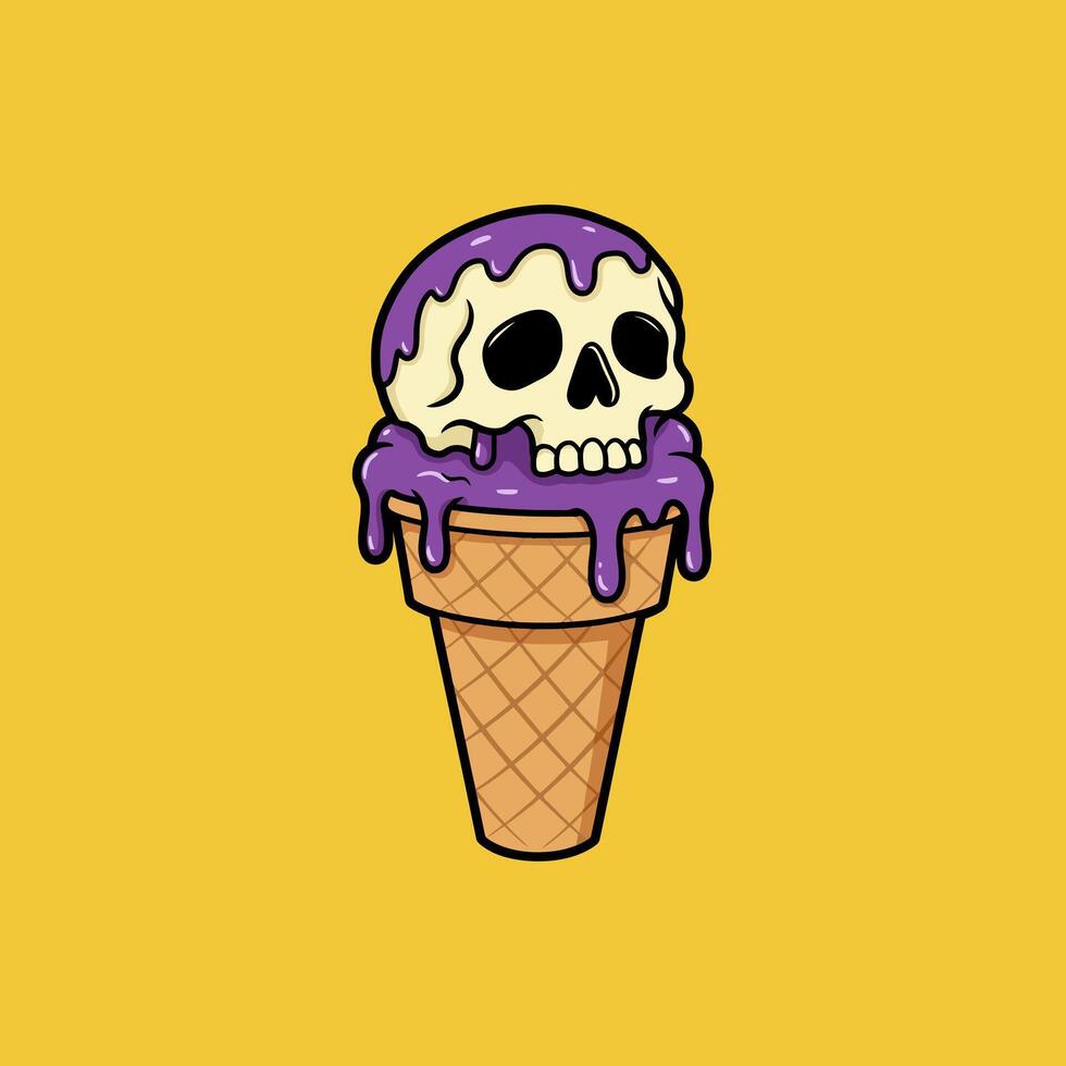 A cartoon illustration depicts a skull-shaped ice cream scoop atop a waffle cone with purple melted ice cream dripping down the sides. vector