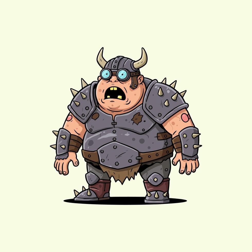 A cartoon illustration of a surprised overweight Viking warrior wearing a horned helmet, goggles, and spiked armor. vector
