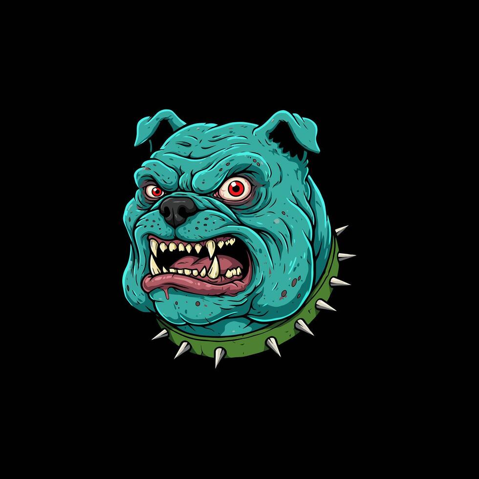 A stylized illustration of an angry turquoise bulldog wearing a spiked collar its mouth open in a menacing snarl. vector