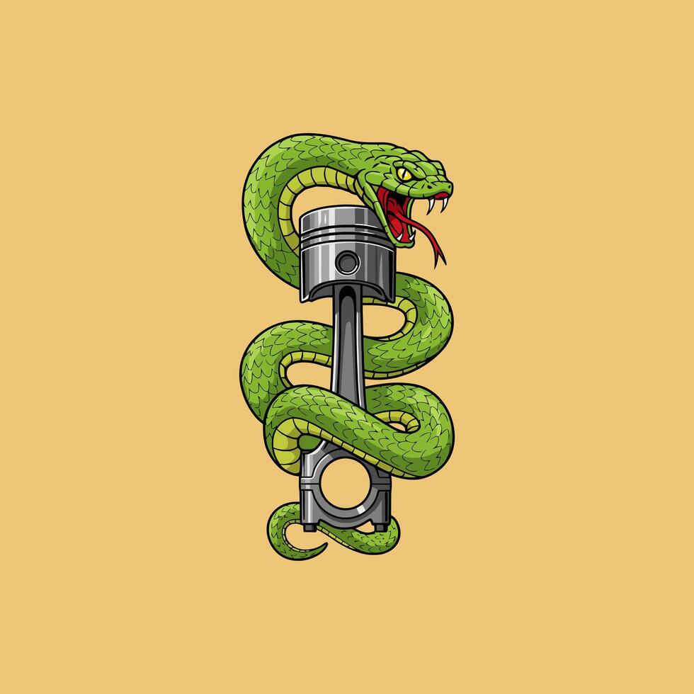 A stylized illustration depicts a green snake tightly coiled around a metal engine piston. vector