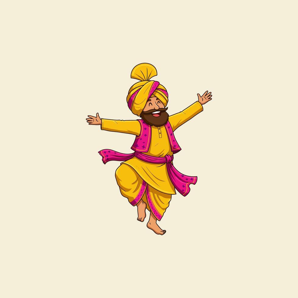 The illustration depicts a jubilant Sikh man in traditional attire, energetically performing a Bhangra dance. vector