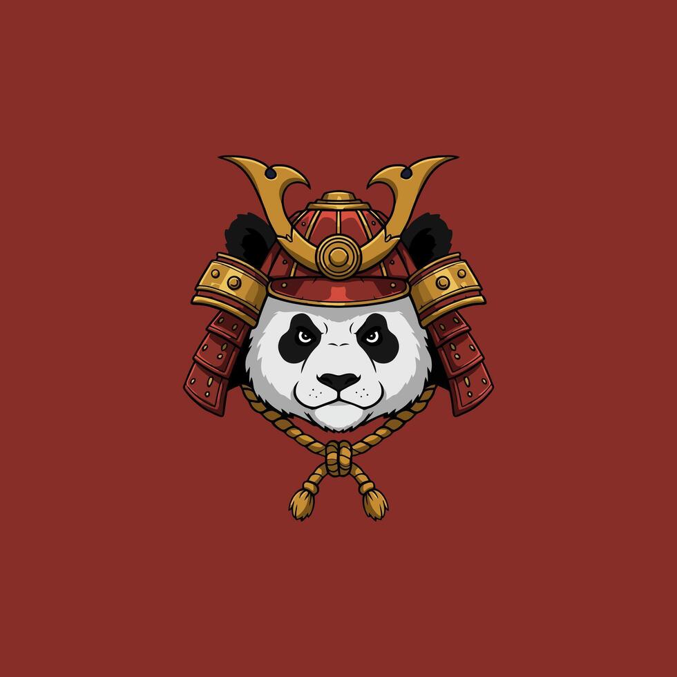 The image showcases a stylized panda bear wearing a traditional red and gold samurai helmet and armor. vector