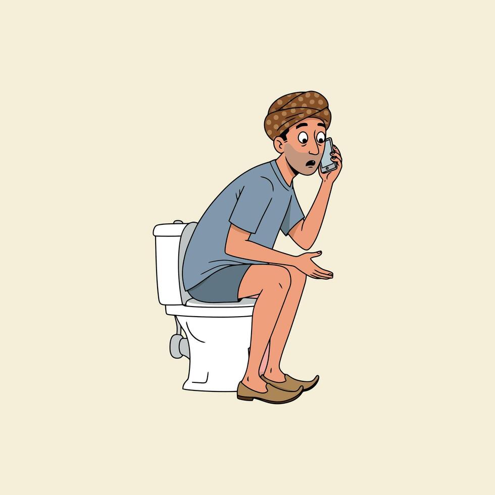 A cartoon illustration depicts a surprised man sitting on a toilet, using his cell phone. vector