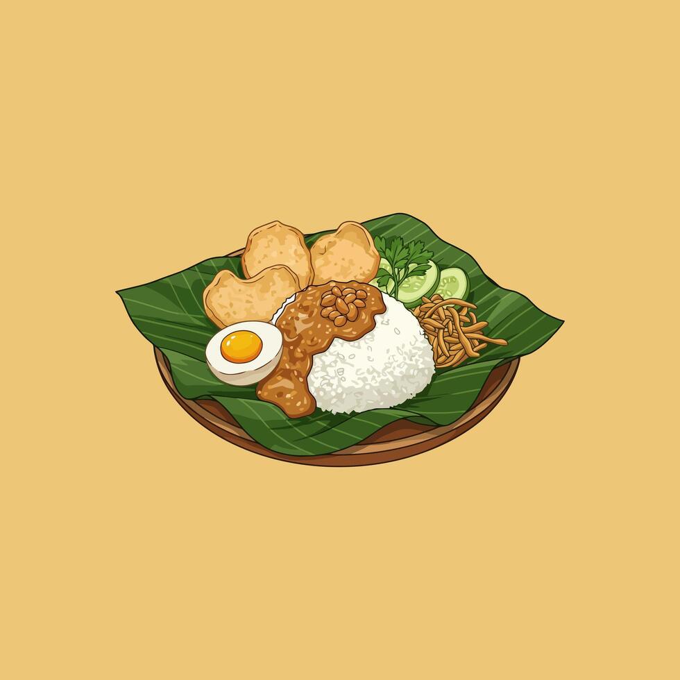 A vibrant illustration showcases a serving of Nasi Campur a popular Indonesian rice dish complete with various side dishes. vector