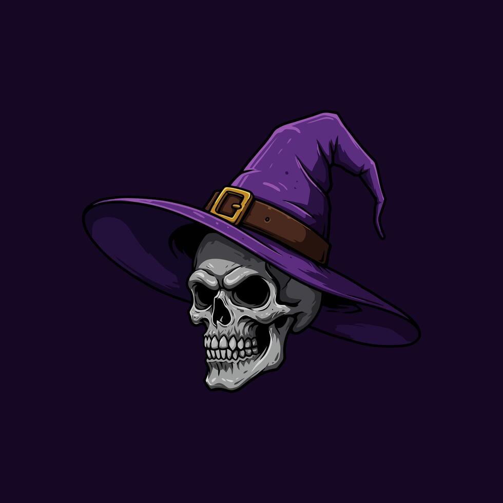 A stylized illustration depicts a human skull wearing a purple pointed witches hat against a dark background. vector