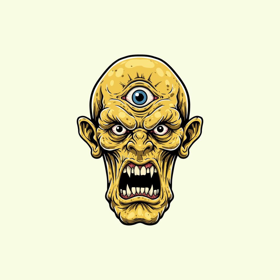 The image showcases a detailed illustration of a yellow monster's head with three eyes and sharp teeth, conveying a sense of aggression and terror. vector