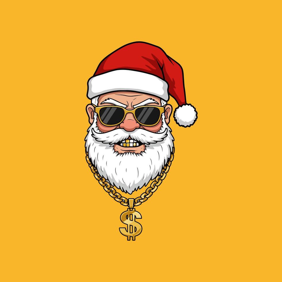 A stylized illustration of Santa Claus depicted as a gangster wearing sunglasses and a gold dollar sign necklace. vector