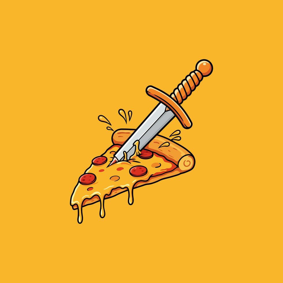 A cartoon illustration shows a sword stabbing a cheesy pepperoni pizza slice with melted cheese dripping down. vector