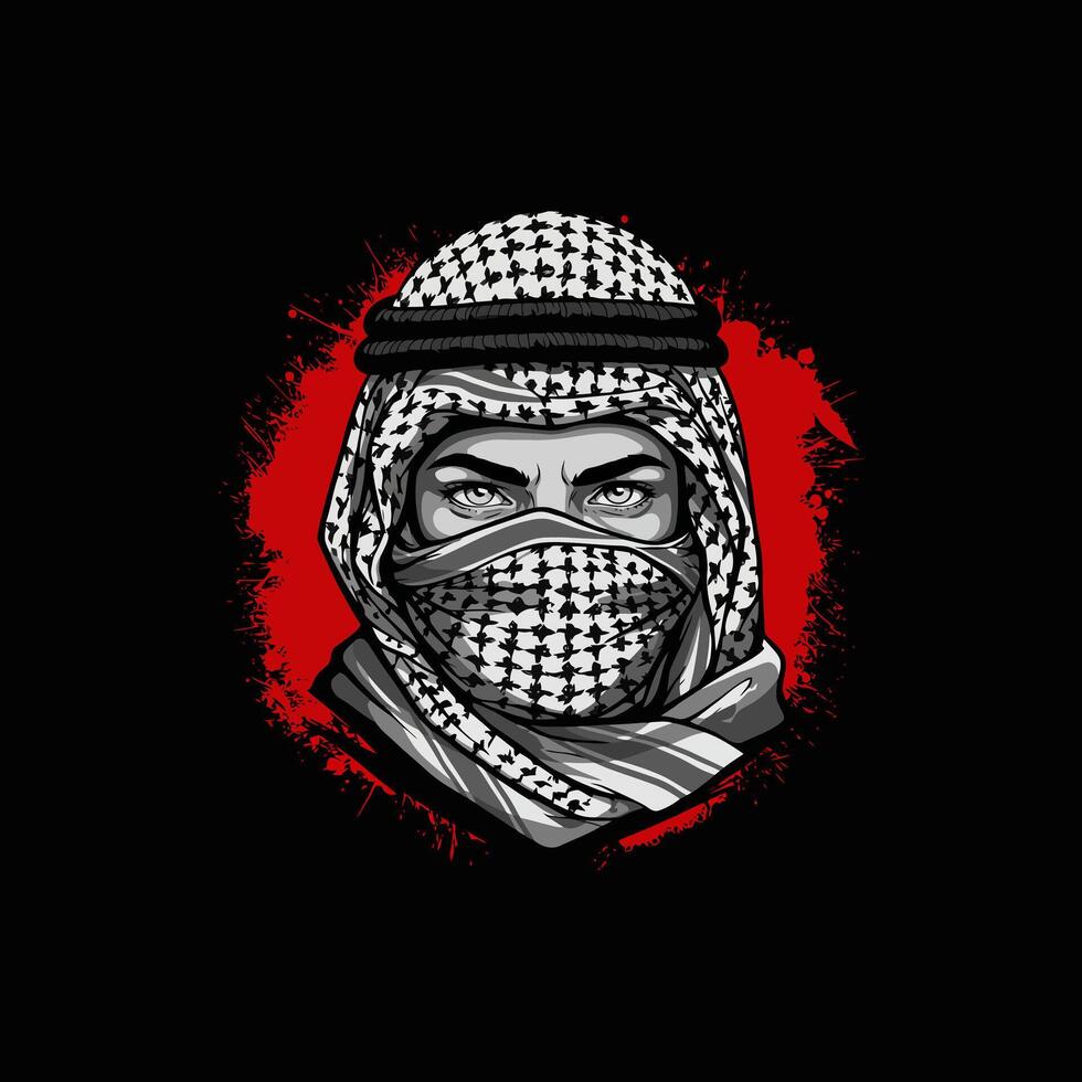 A stylized portrait of an Arabian man wearing a traditional keffiyeh, his intense gaze conveying strength and determination. vector