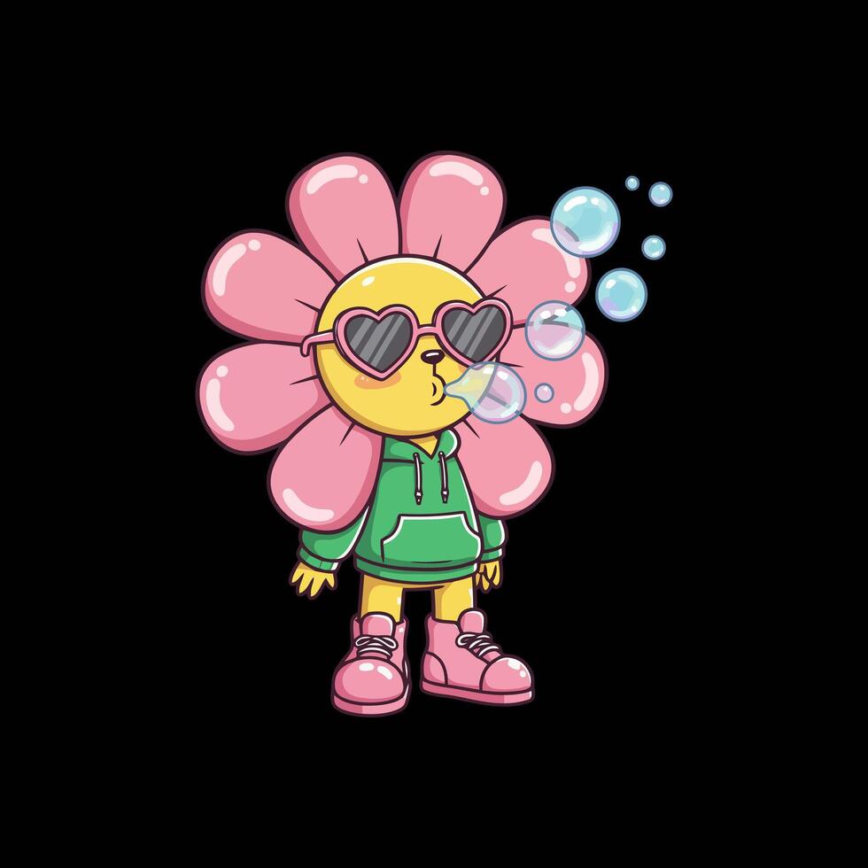 A cute cartoon flower character wearing heart-shaped sunglasses and a green hoodie blows soap bubbles. vector