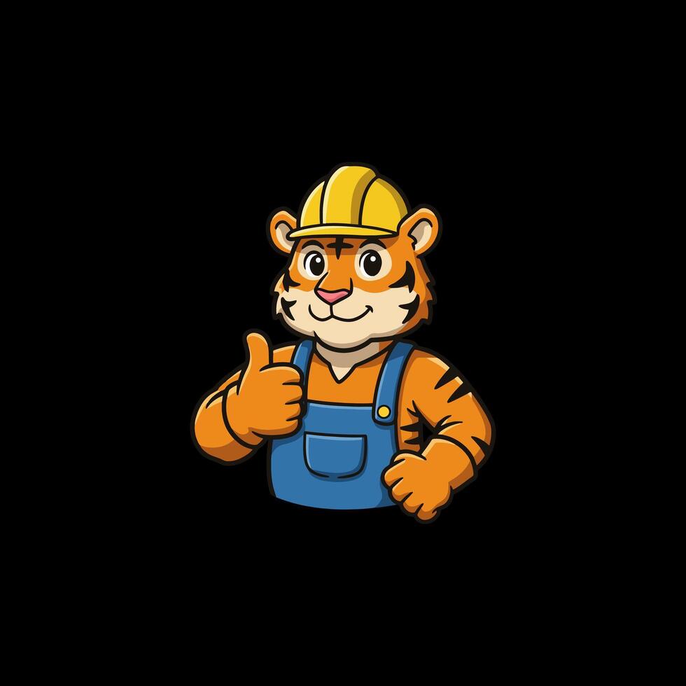 A cheerful cartoon tiger wearing a hard hat and overalls gives a thumbs up gesture symbolizing positive work ethic. vector