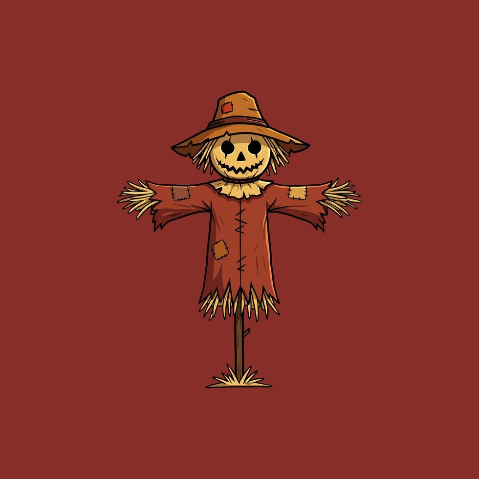 A cartoon scarecrow with a wide smile is depicted standing in a field, its straw arms outstretched. vector
