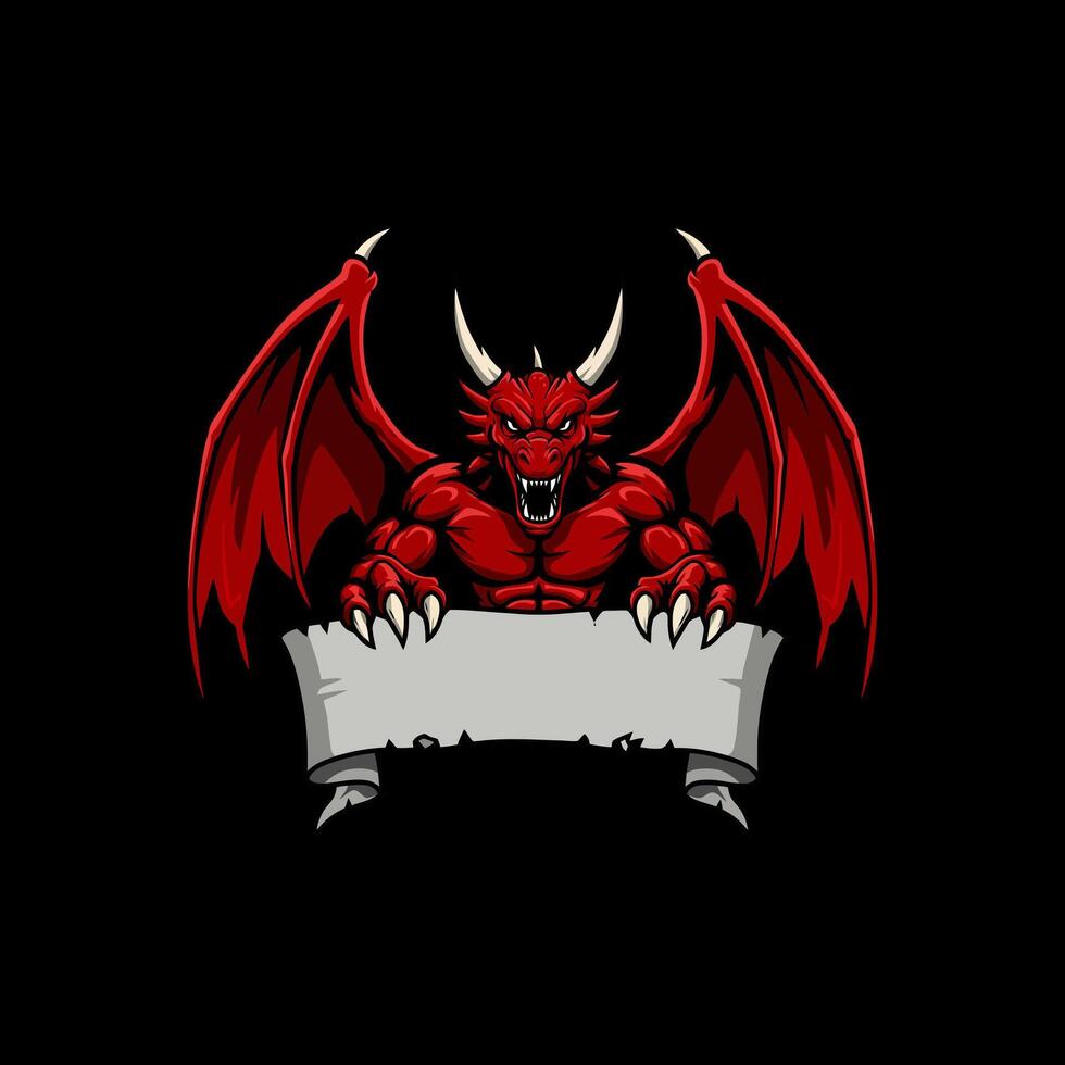 A powerful red dragon with large wings holds a blank banner ideal for a logo or game design. vector