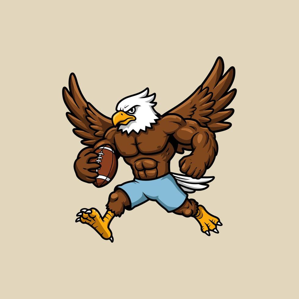 A powerful cartoon eagle mascot, depicted with muscular physique, runs while carrying a football. vector