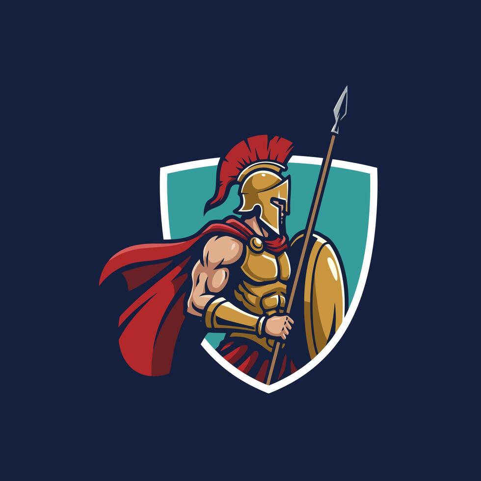 A powerful illustration depicts a Spartan warrior in golden armor holding a spear and shield within a crest. vector