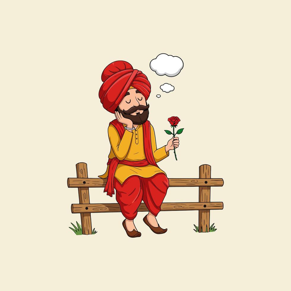 A cartoon illustration depicts a thoughtful man in a red turban and traditional clothing sitting on a wooden fence, holding a single red rose. vector