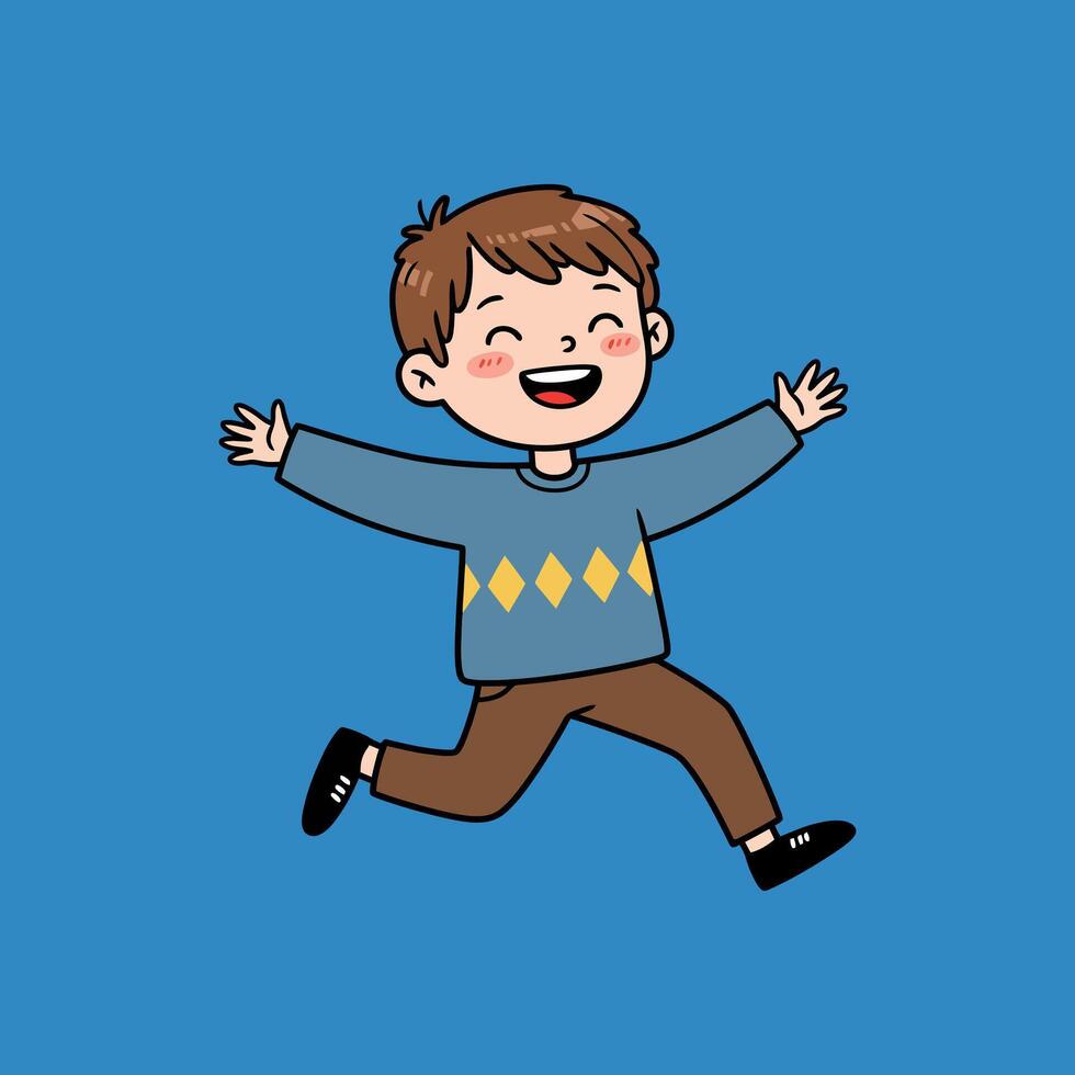 A cheerful cartoon boy is depicted joyfully running and playfully leaping across a bright blue backdrop. vector