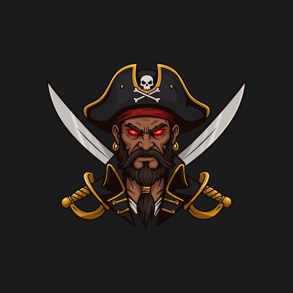 A fierce pirate captain with glowing red eyes is depicted wearing a tricorn hat and wielding crossed swords. vector