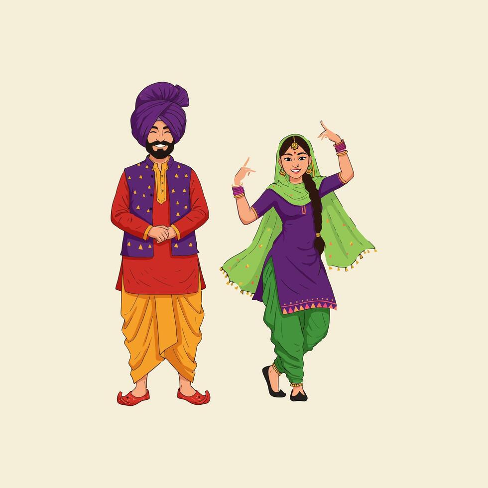 A depiction of a Punjabi man and woman in vibrant traditional clothing, the woman appears to be in a celebratory dance pose. vector