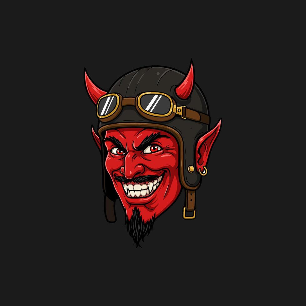 A red devilish face with horns wearing a vintage leather motorcycle helmet and goggles grins menacingly. vector