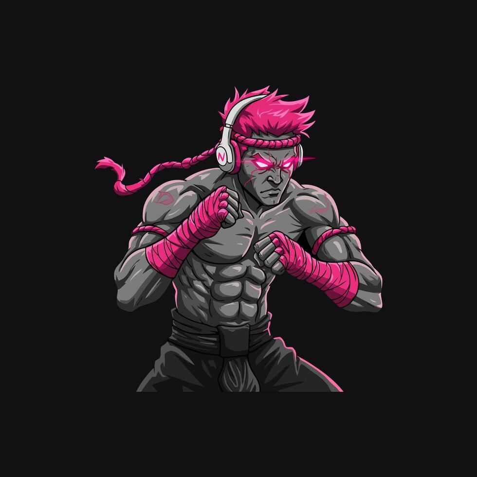 A digital illustration depicts a muscular Muay Thai fighter with pink accents and headphones, ready for combat. vector