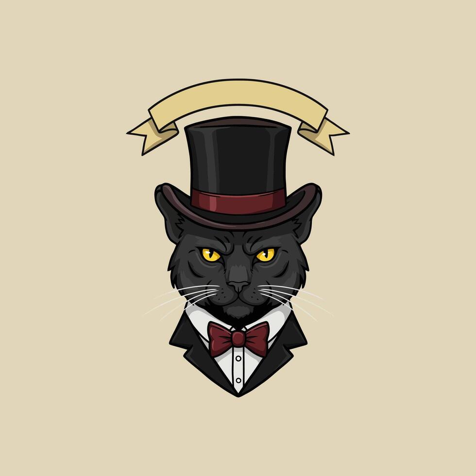 A stylized illustration depicts a black cat dressed in formal attire a top hat and bow tie creating a sophisticated and whimsical image. vector