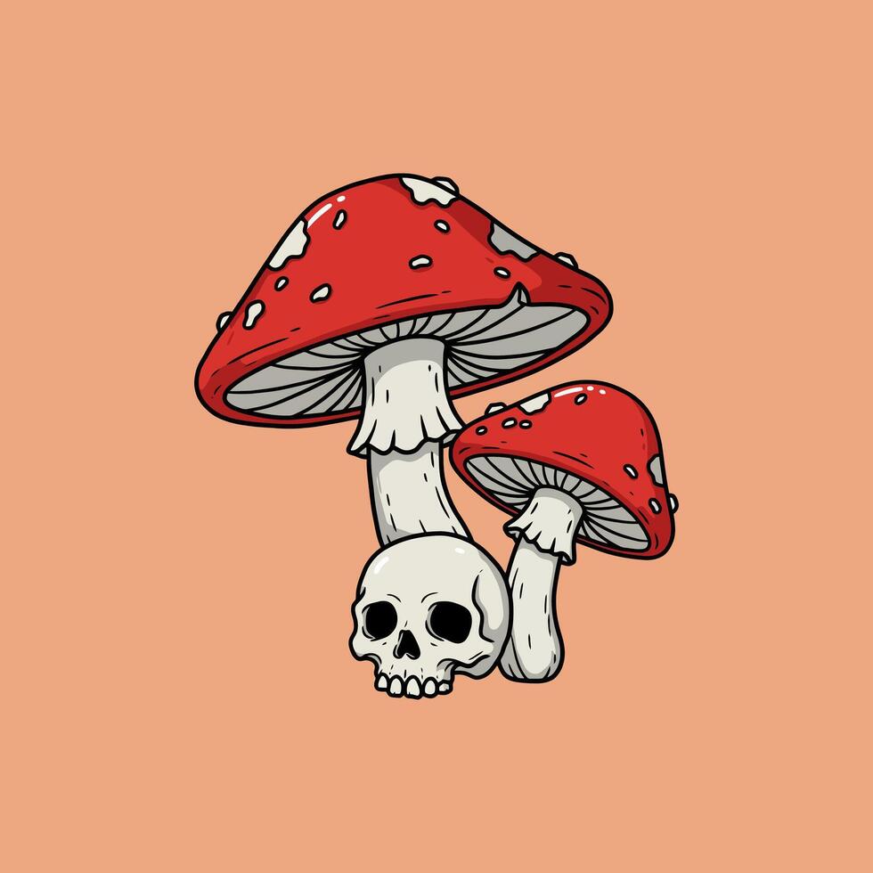 A stylized illustration depicts two red mushrooms perched atop a human skull against a peach background. vector