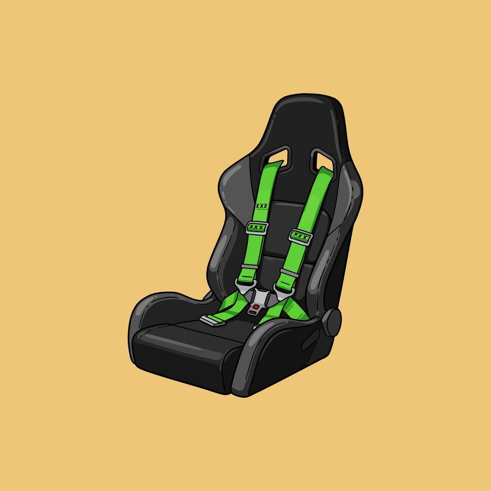 The image shows a black racing car seat with a bright green five-point safety harness. vector