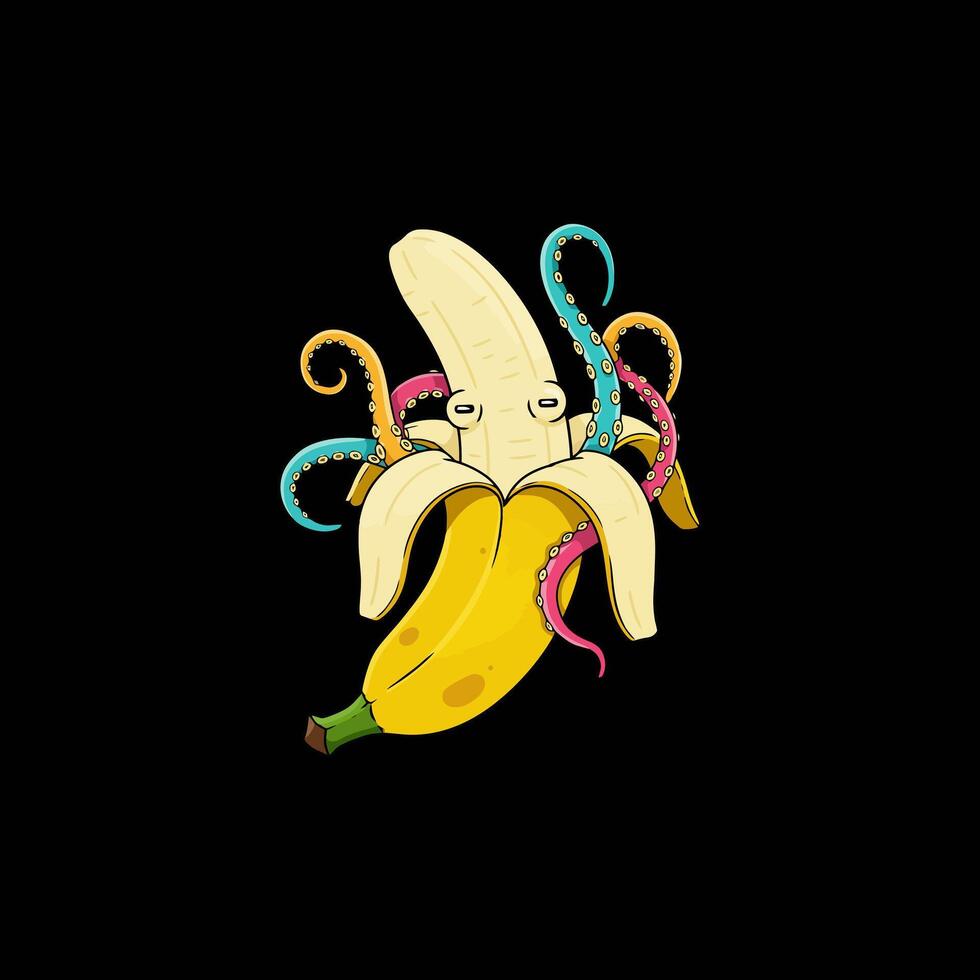 A stylized illustration depicts a cartoon banana with a multicolored octopus emerging from its peel. vector