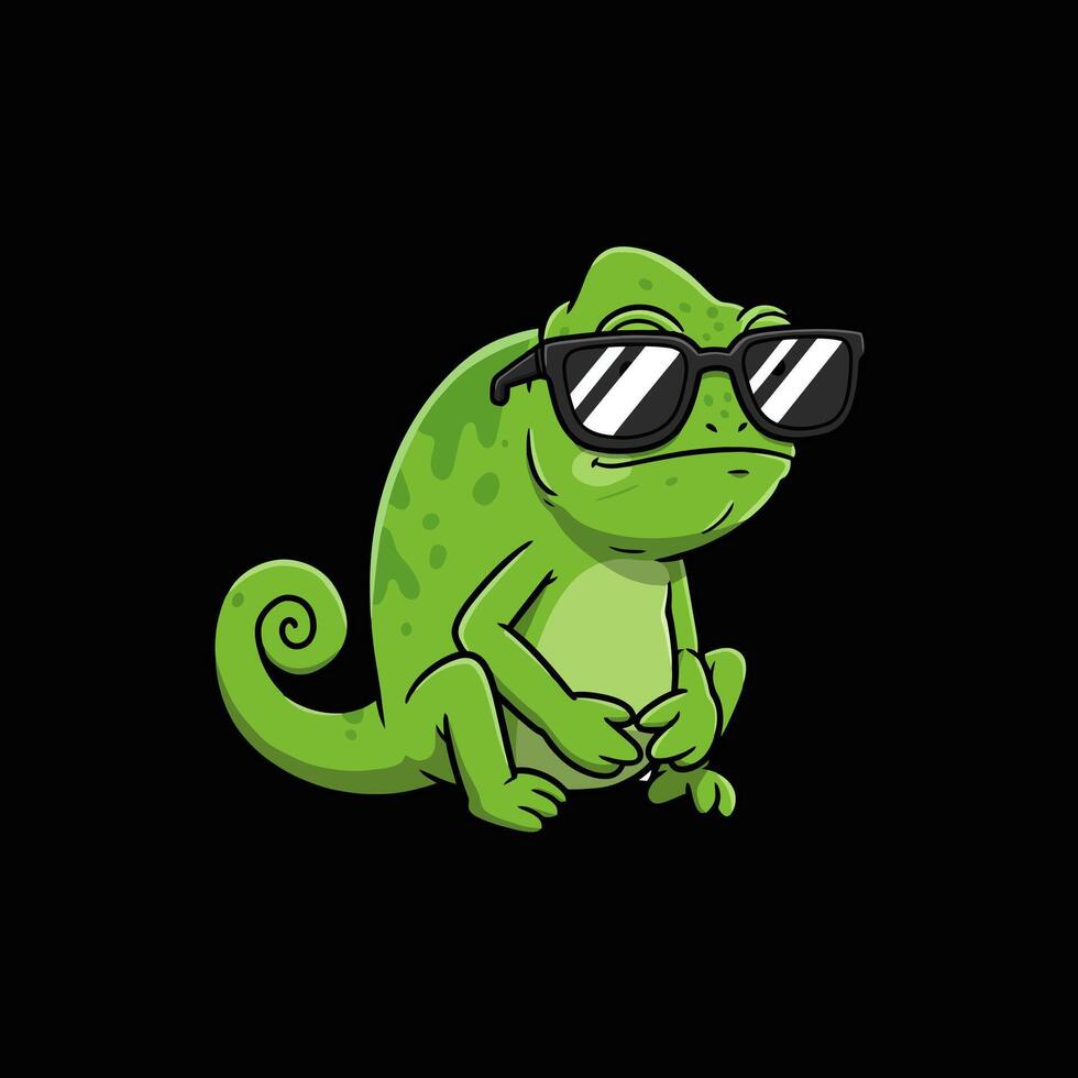 A cartoon illustration of a green chameleon wearing sunglasses and sitting down against a black background. vector