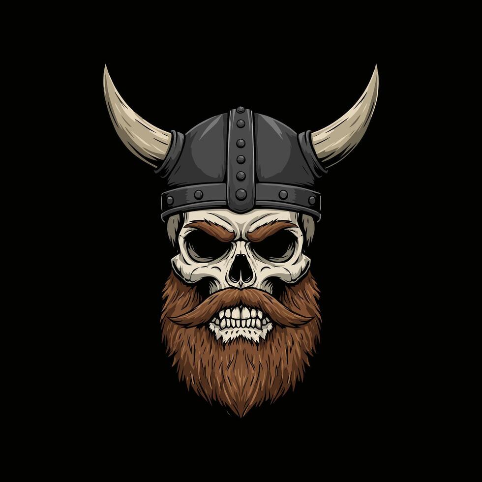A graphic illustration depicts a skull with a long beard wearing a horned Viking helmet against a black background. vector
