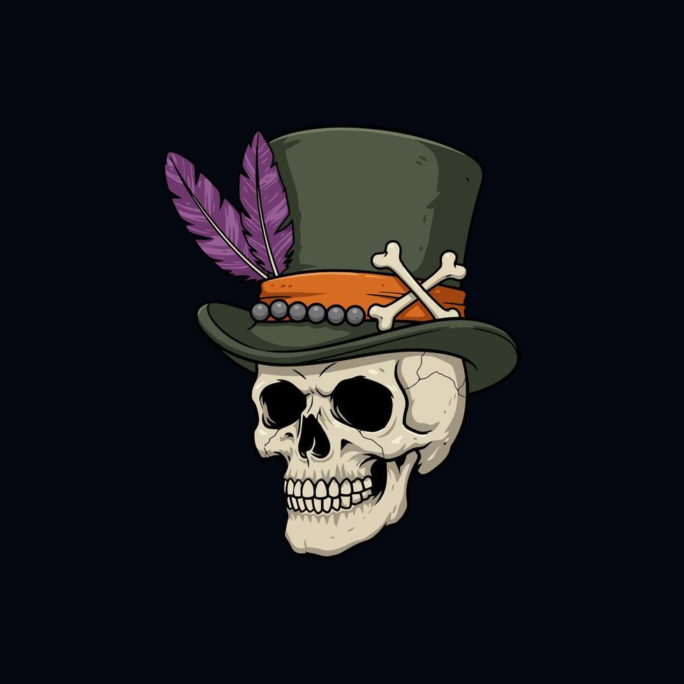A stylized illustration depicts a skull adorned with a top hat embellished with feathers and crossbones. vector