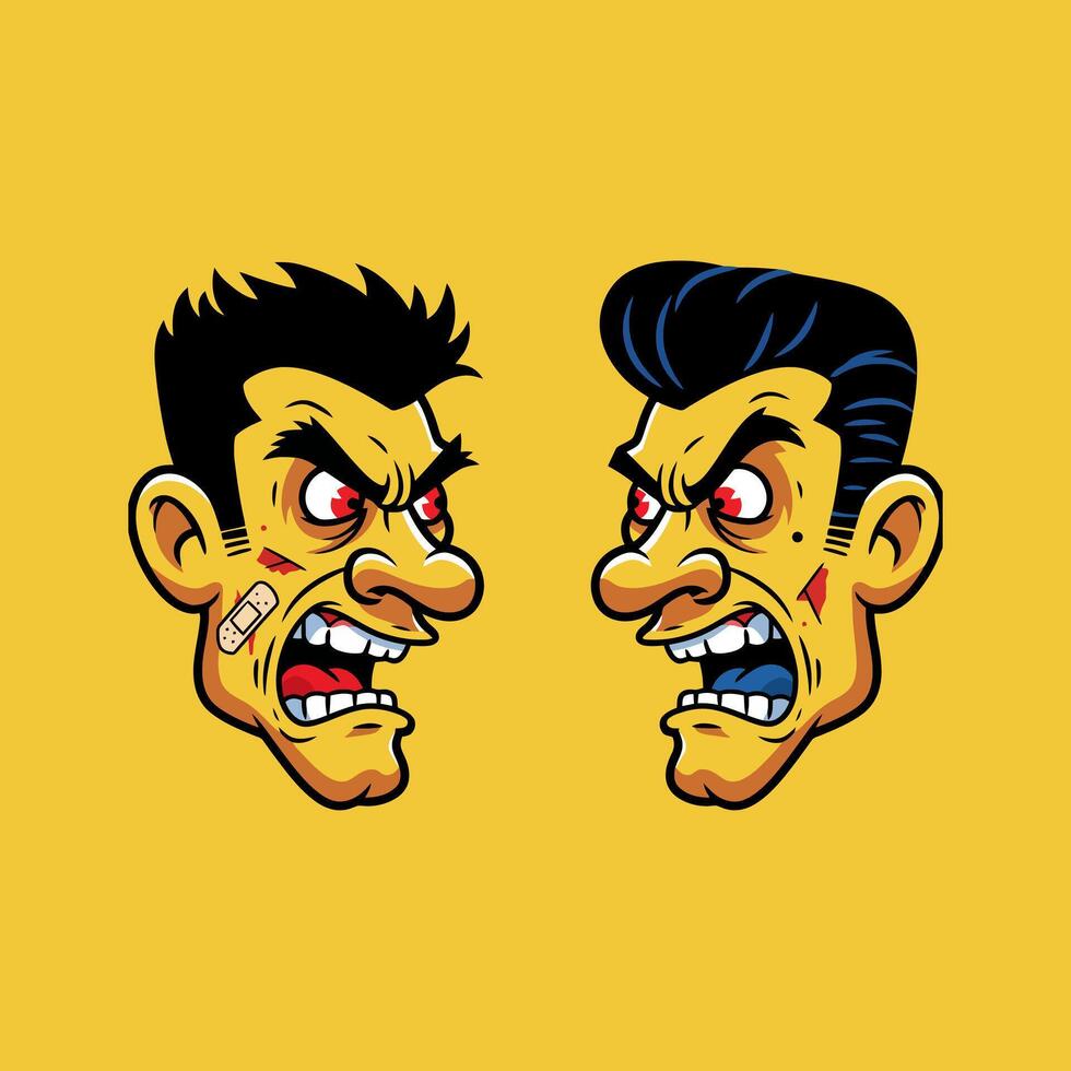 The image shows two cartoon illustrations of angry men's heads facing each other, seemingly about to fight. vector