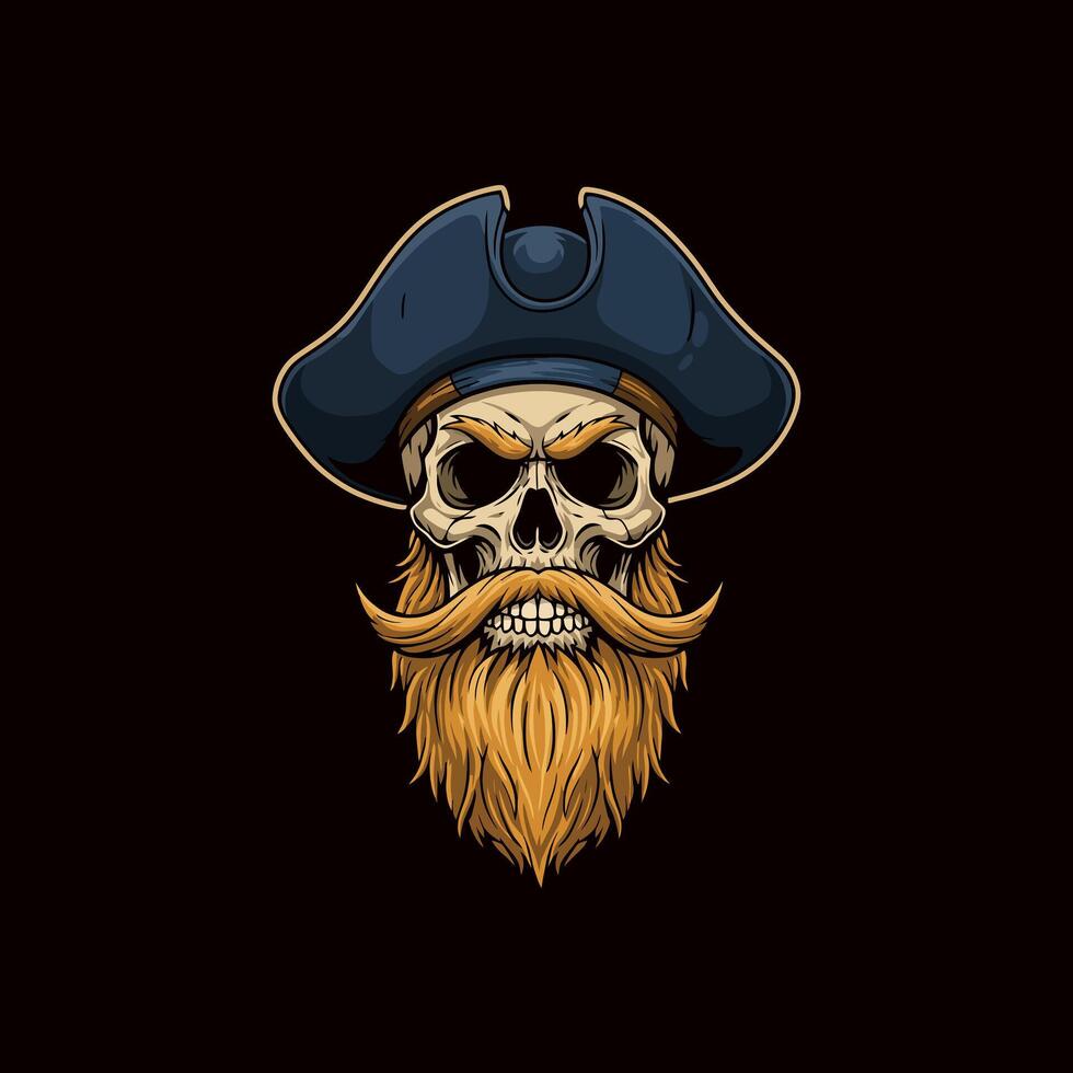 The image depicts a skull with a long ginger beard and mustache wearing a tricorn pirate hat against a black background. vector