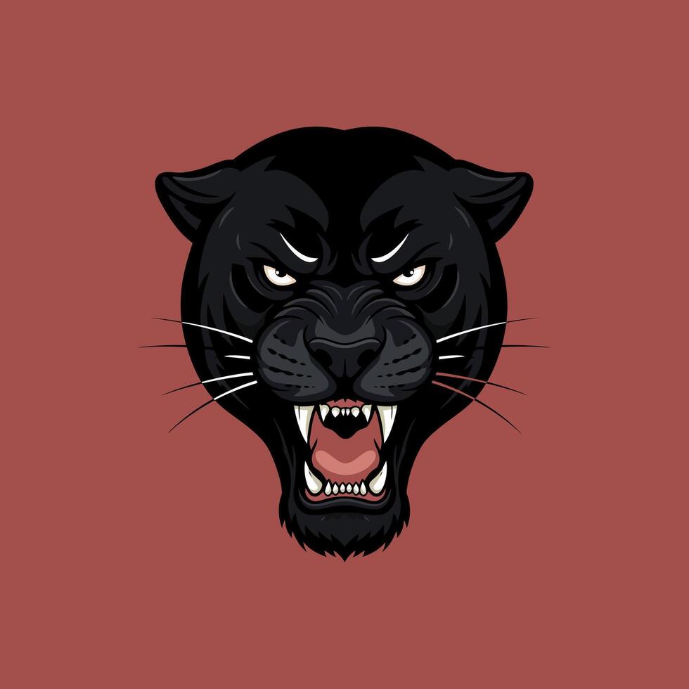 A graphic illustration of a black panthers head snarling with bared teeth against a maroon background. vector
