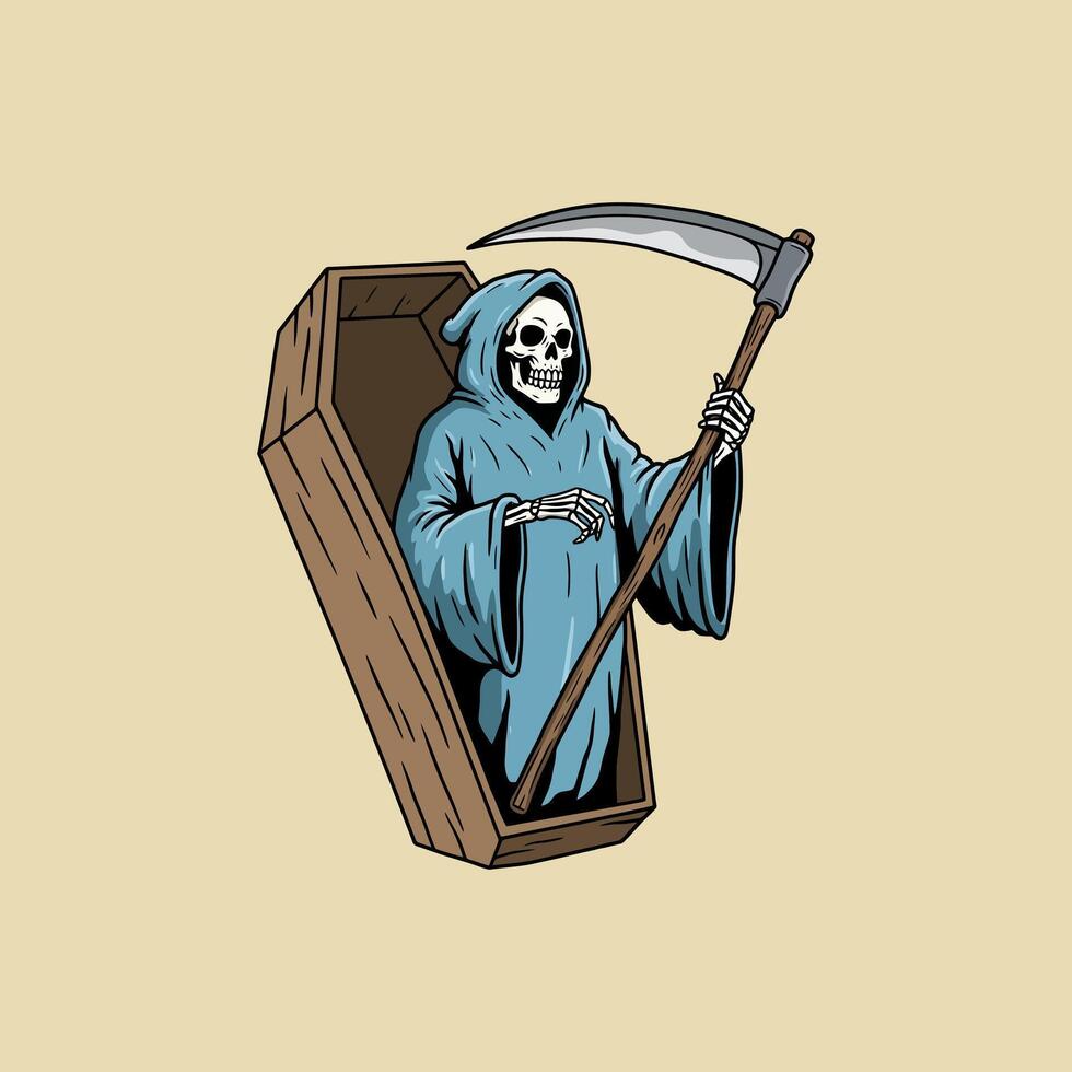 A stylized grim reaper rises from a wooden coffin holding a scythe a classic representation of death. vector