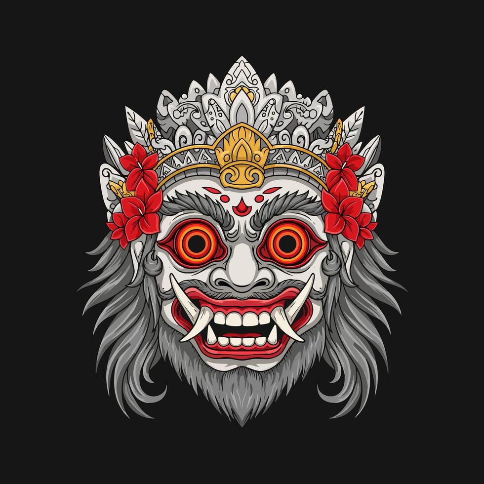 A detailed illustration of a Balinese mask with ornate details and vibrant floral accents. The mask displays a fierce and powerful expression. vector