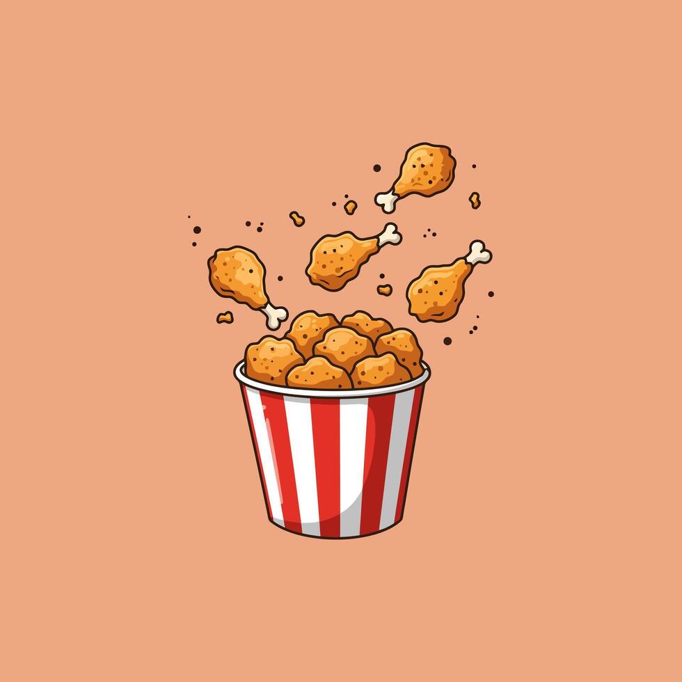 A cartoon illustration shows fried chicken pieces flying into a red and white striped bucket. vector