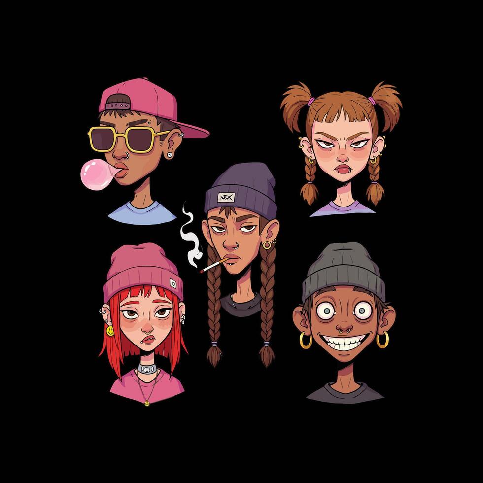 A digital illustration showcases five stylized teen characters each with unique expressions, fashion choices, and accessories. vector