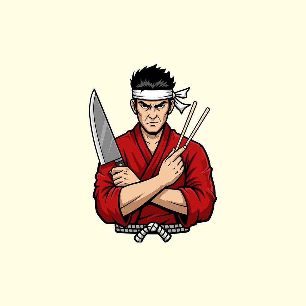 The image depicts a serious looking chef in a red kimono holding a large knife and chopsticks. vector