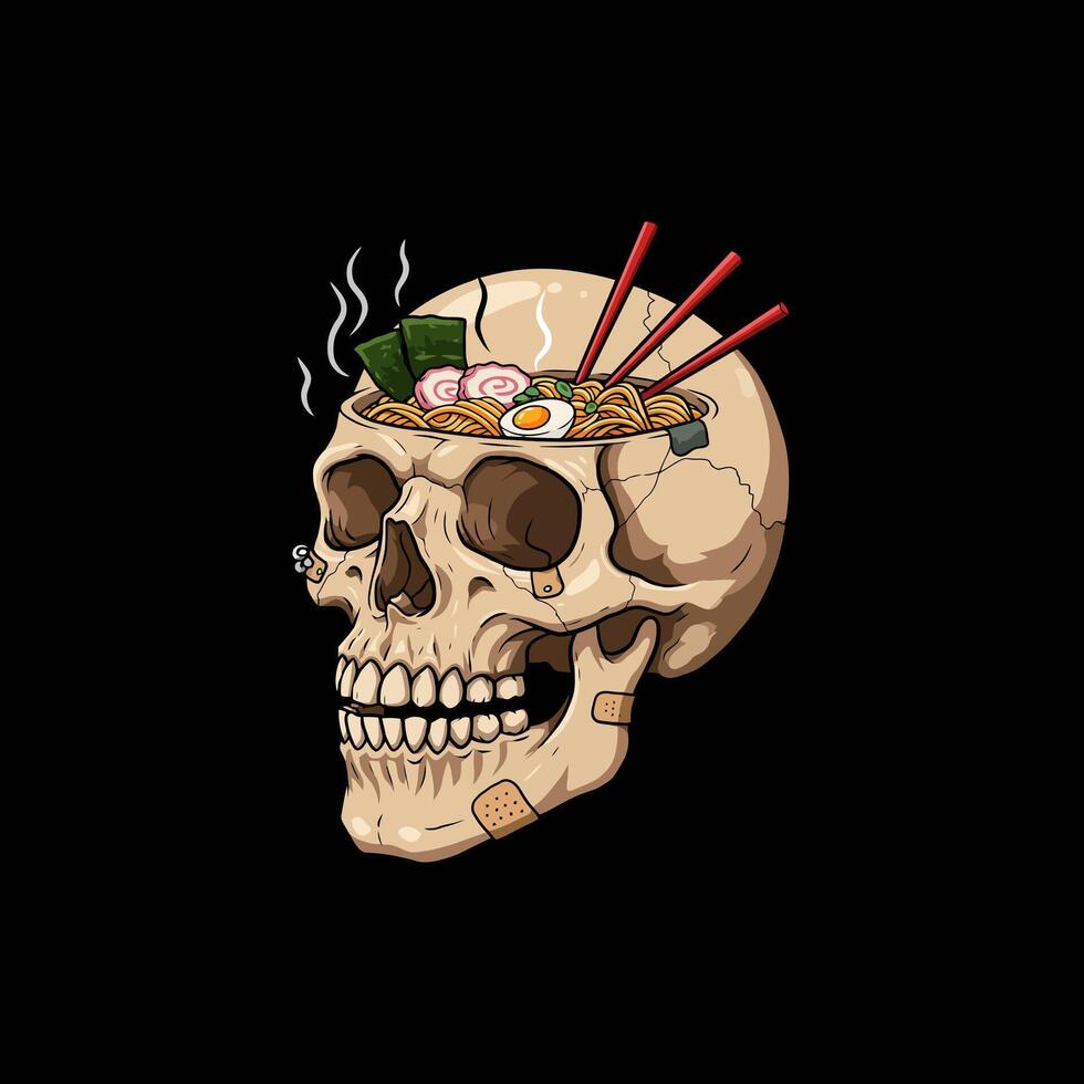 A stylized illustration depicts a human skull serving as a bowl for a steaming bowl of ramen noodles and chopsticks. vector