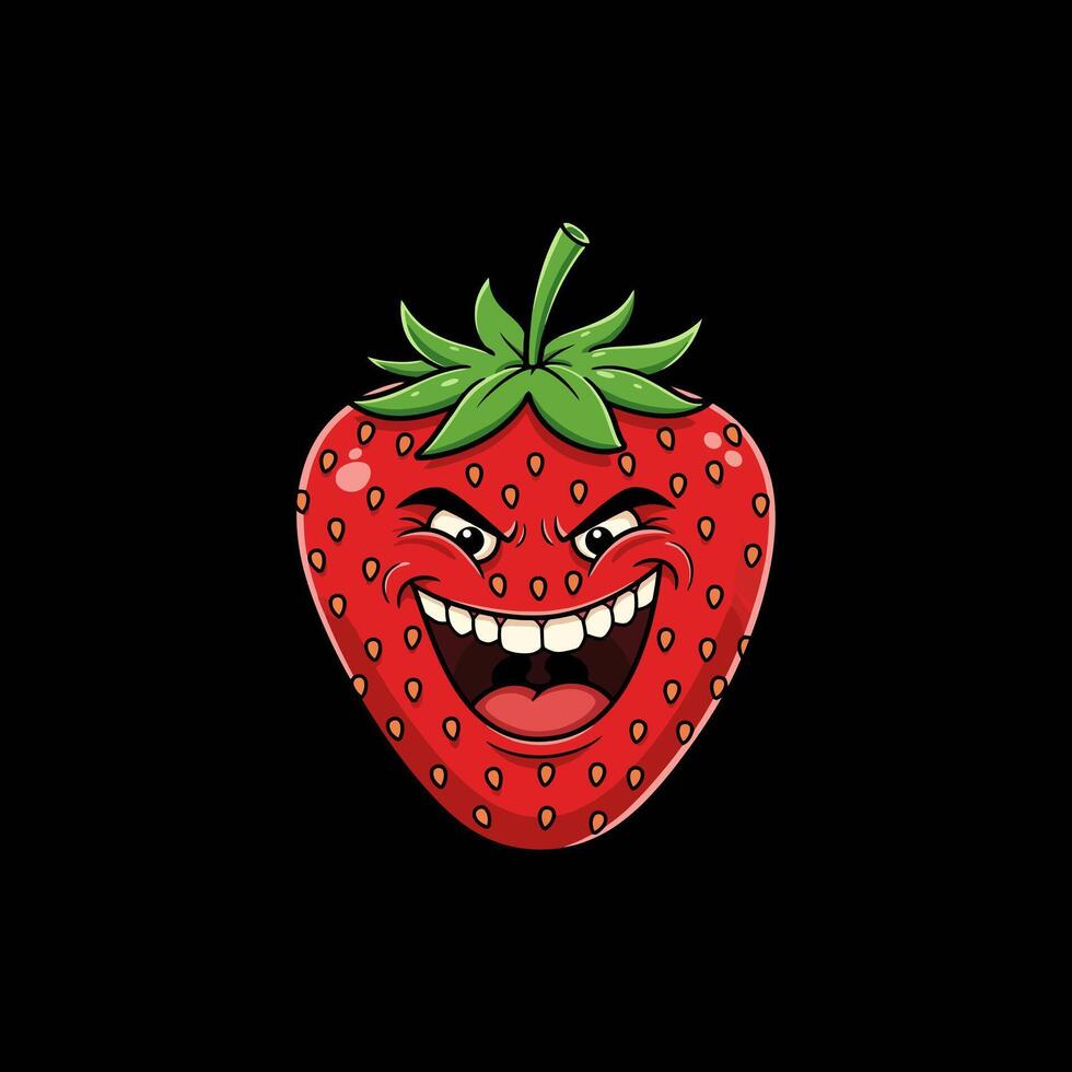 A cartoon illustration of a strawberry with a large, expressive, happy smile. vector