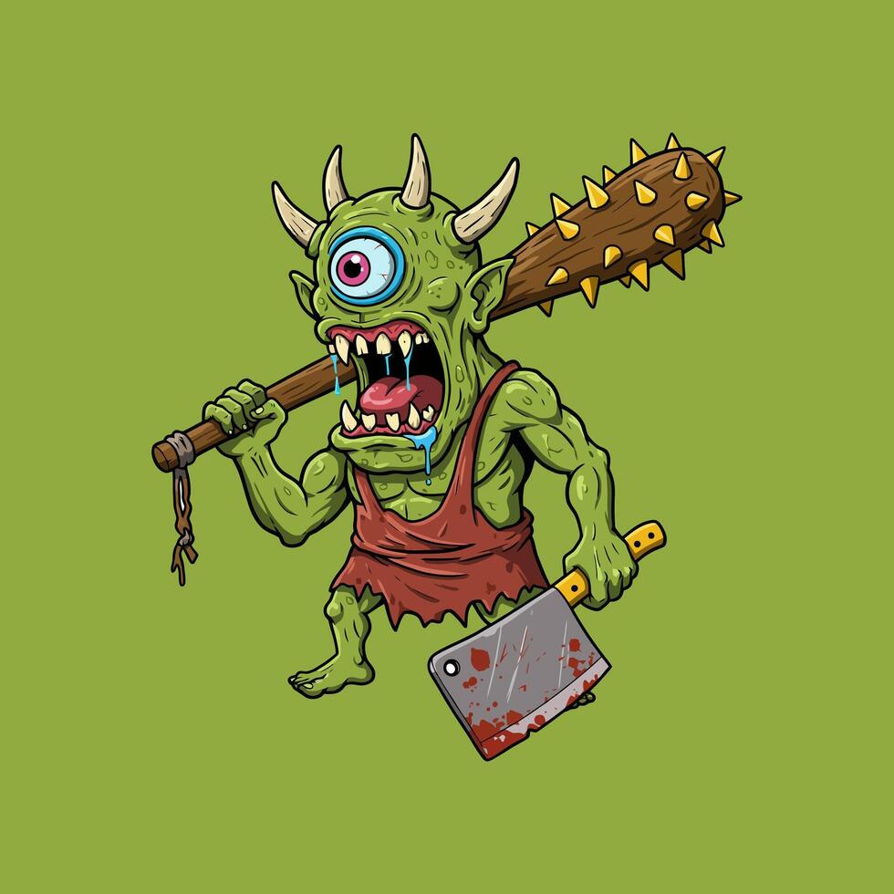 A cartoon depiction of a one-eyed green monster wielding a spiked club and a bloody cleaver. vector