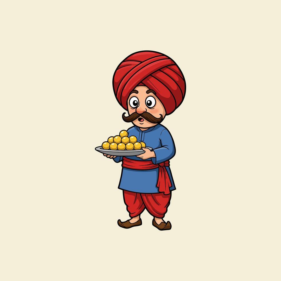 A cartoon illustration depicts an Indian man in traditional attire presenting a plate of golden-colored sweet balls. vector