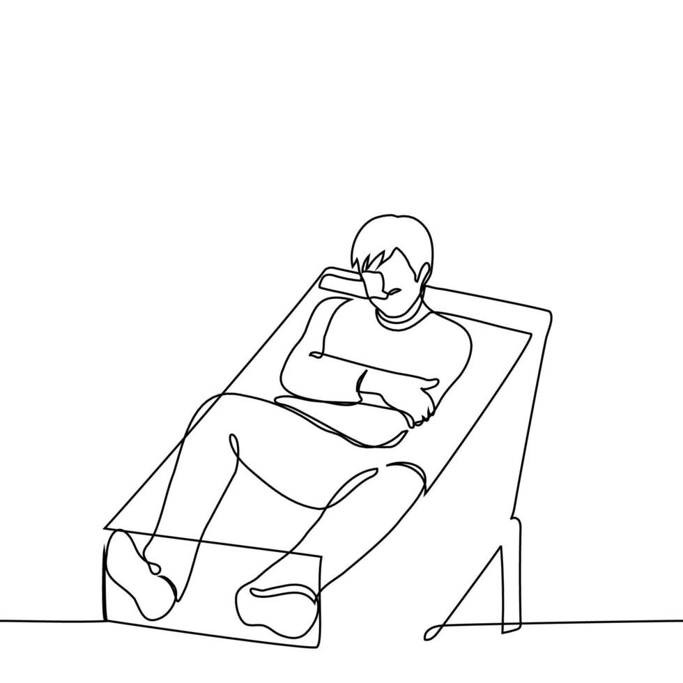 man sitting in shopping cart hugging himself with arms - one line art vector