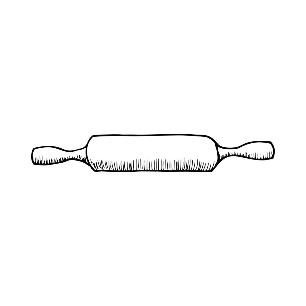 rolling pin drawing icon with shading - hand drawn line art vector
