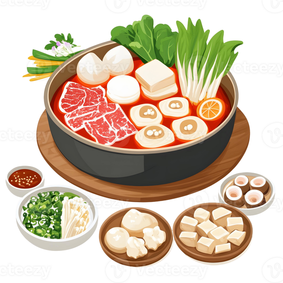 Chinese Hot Pot with a Spicy Broth and Fresh Ingredients png