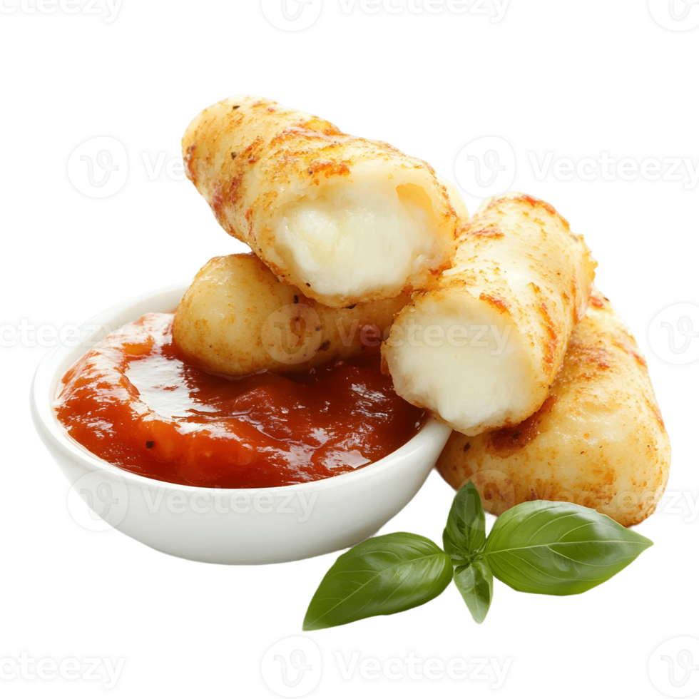 Crispy mozzarella sticks dipped in marinara sauce png