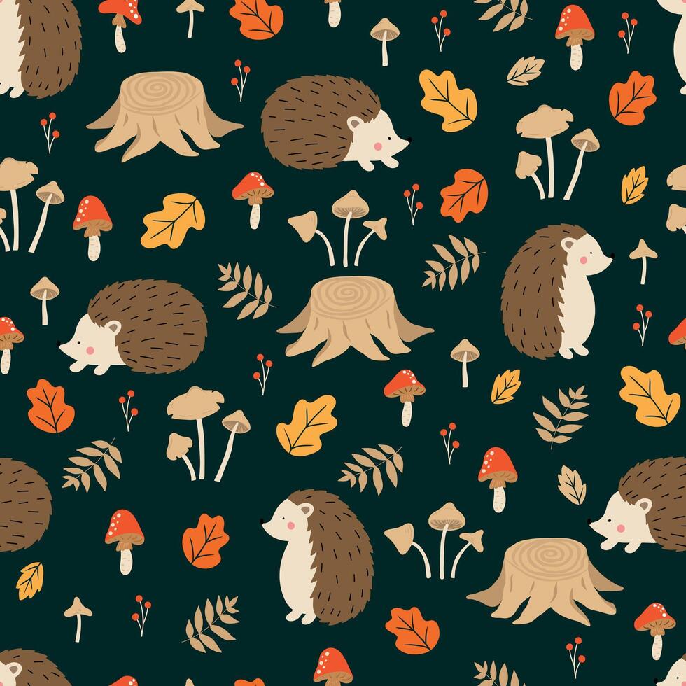 Seamless pattern with cute hedgehogs, mushrooms and leaves in the forest vector